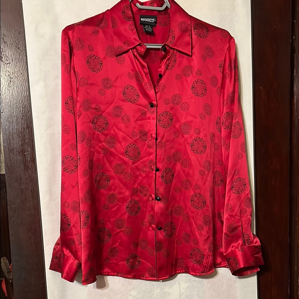 Notations 100% Silk Red Long Sleeve Button Down Shirt, Small
